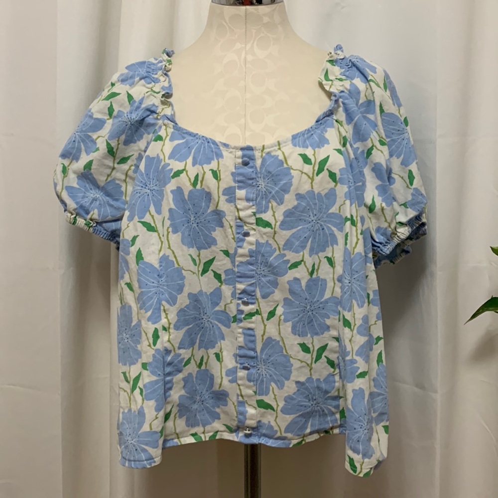 Who What Wear Linen Like Puff Short Sleeve Button Shirt w/ Gathered back Size 2X